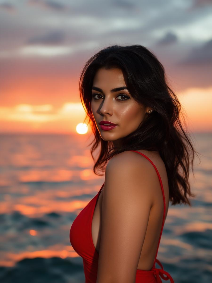 Sofia, a Dating AI companion by the sea at sunset